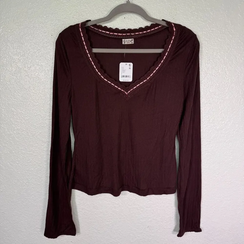 Free People Intimately Top Womens Large Only You Long Sleeve Lace Ribbed Layer